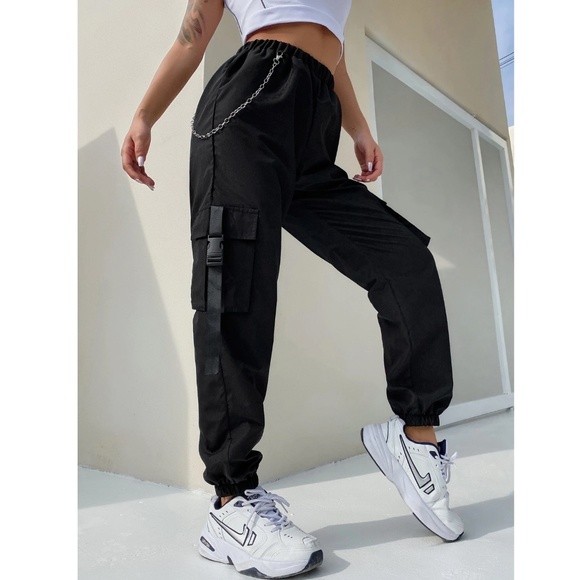 Black Cargo Pants Drawstring Pockets - Picture 5 of 8